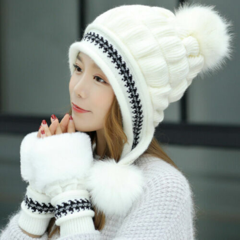 Women Set Gift Hat Xmas Knitted Warm Winter  Gloves Crochet Thicken Beanie