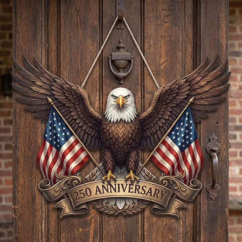 America USA 250th Anniversary Eagle Patriotic Wall Sign with Rope