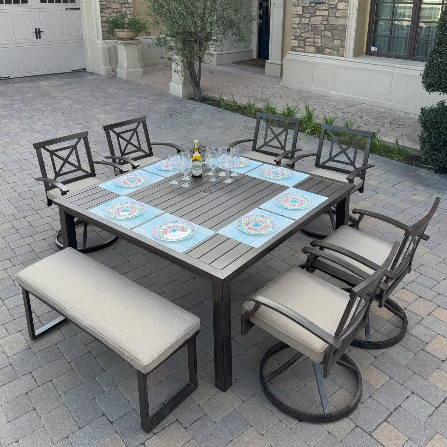 Atlantis 8 Pc Aluminum Dining Set 6 Swivel Rocker Dining Arm Chairs & Two