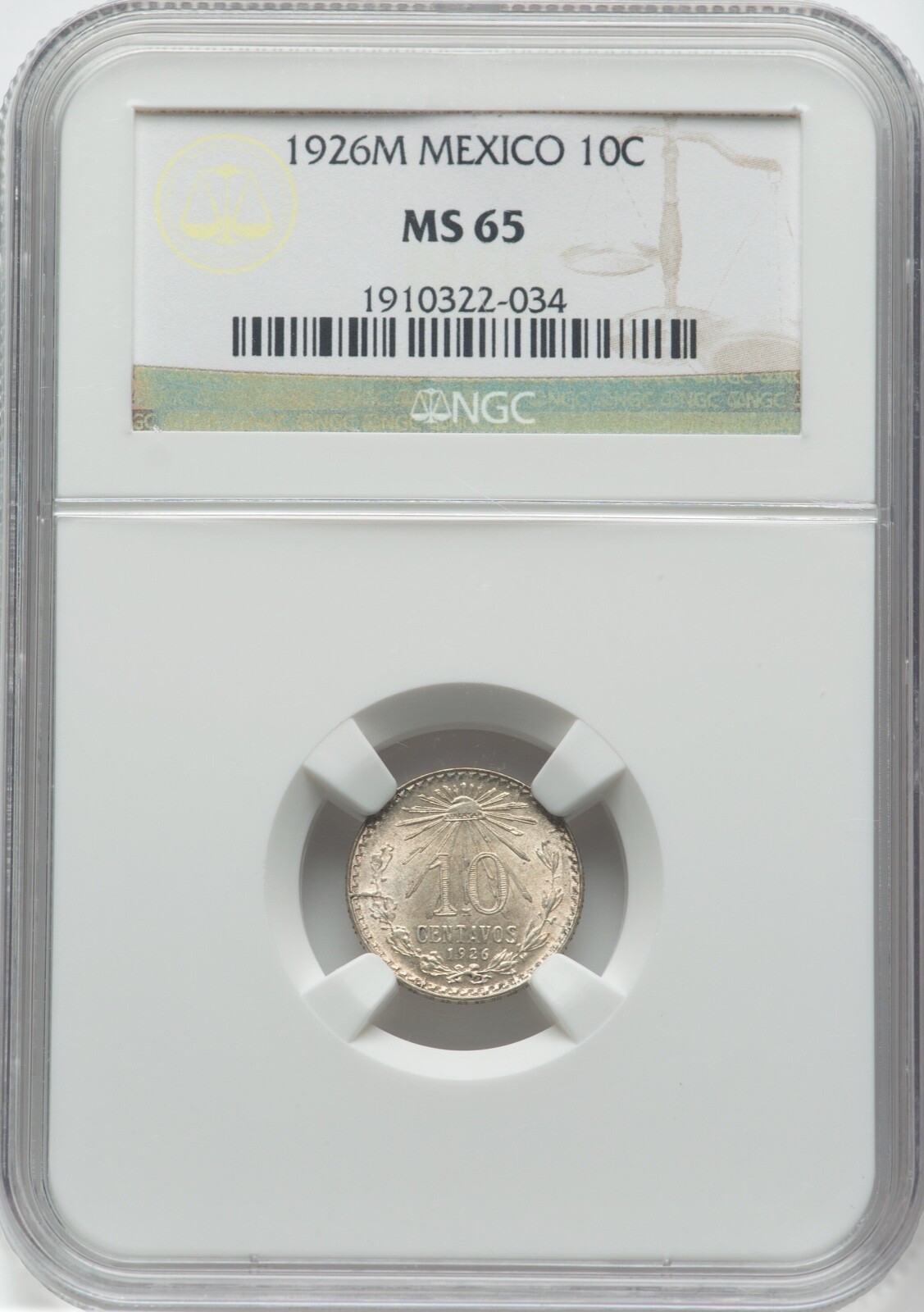 MEXICO ESTADOS UNIDOS 1926 10 CENTAVOS COIN, NGC CERTIFIED GEM UNCIRCULATED MS65