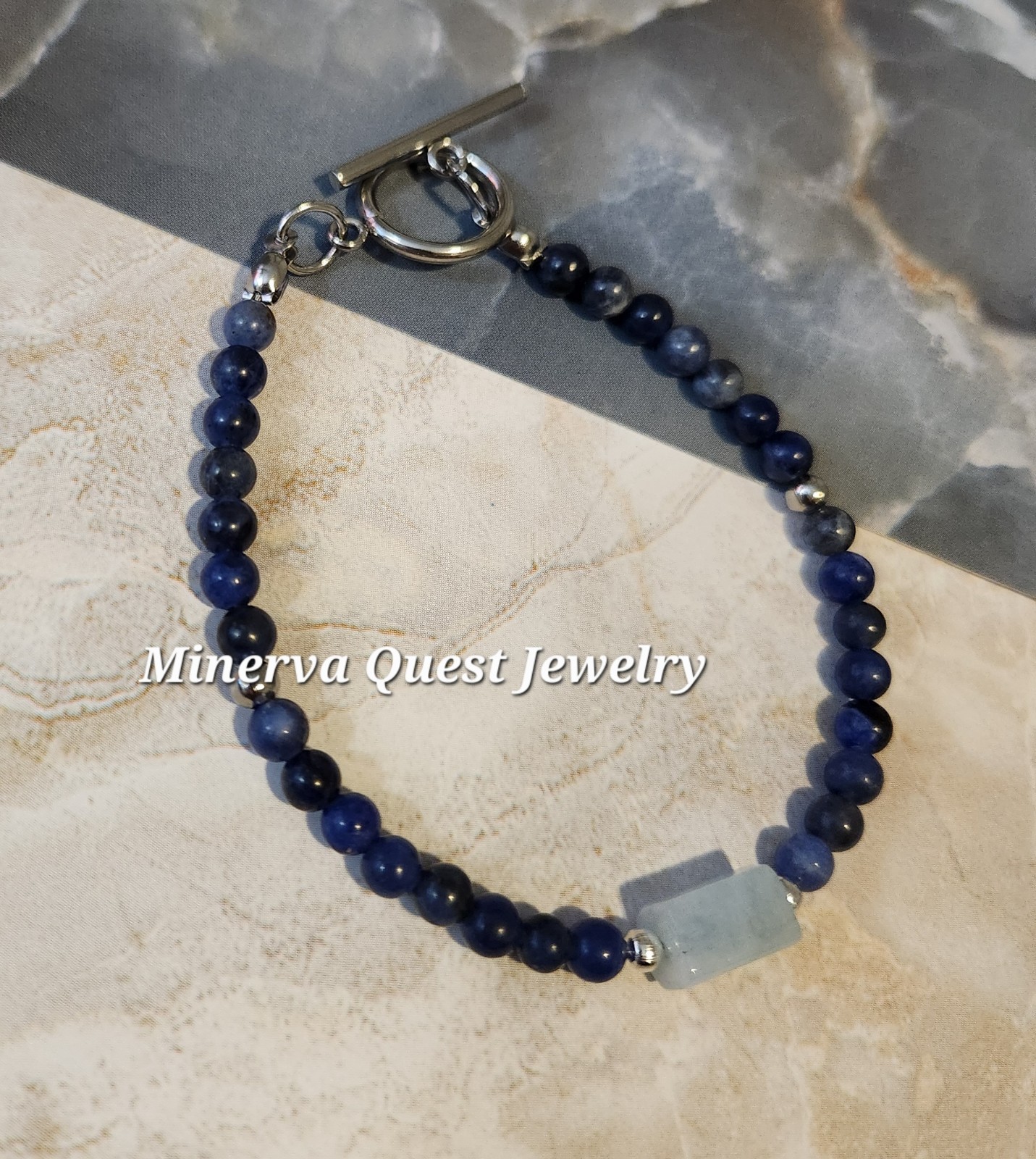 Handmade Artisan Sodalite Aquamarine Stainless Steel Toggle Bracelet #2760