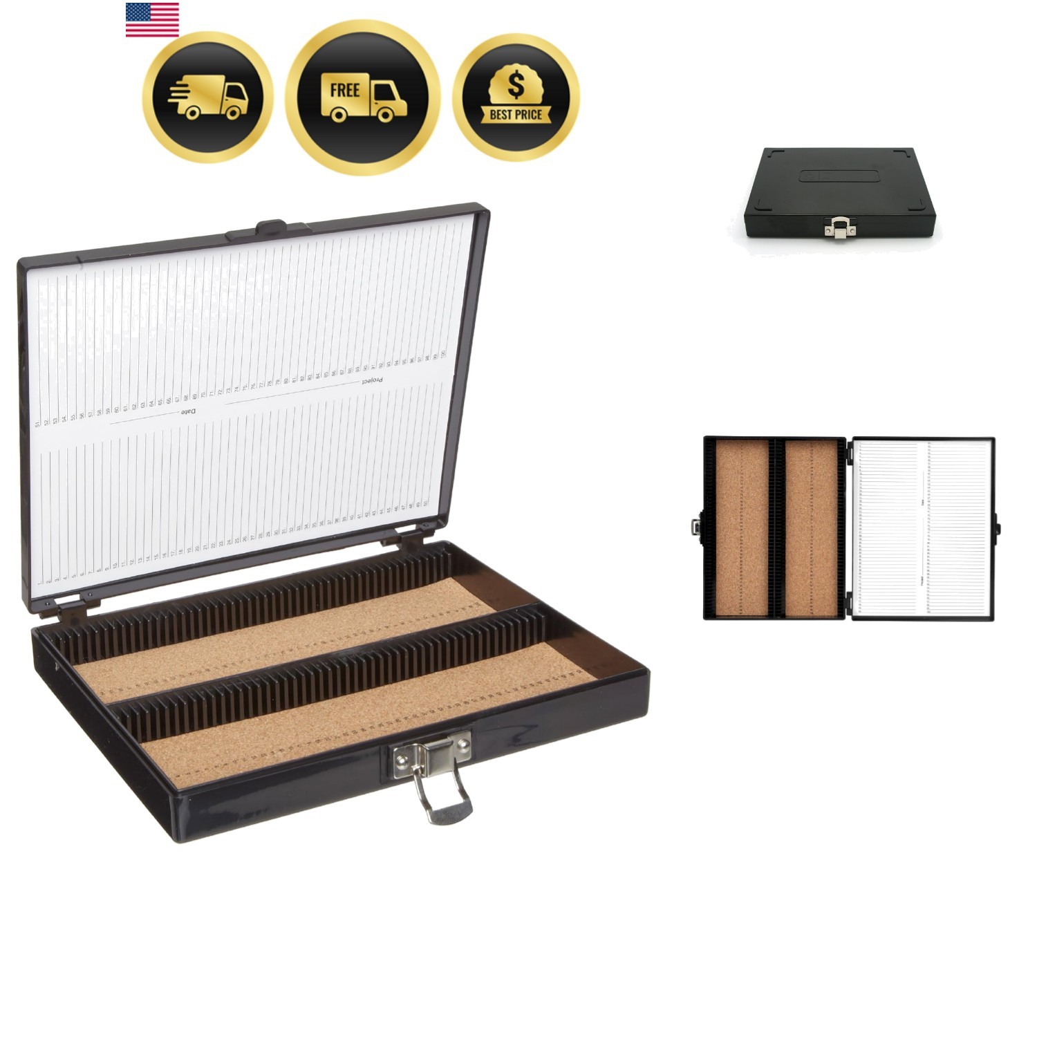 100 Place Microscope Slide Box, Cork Lining, Nickel-Plated Clasp, Black