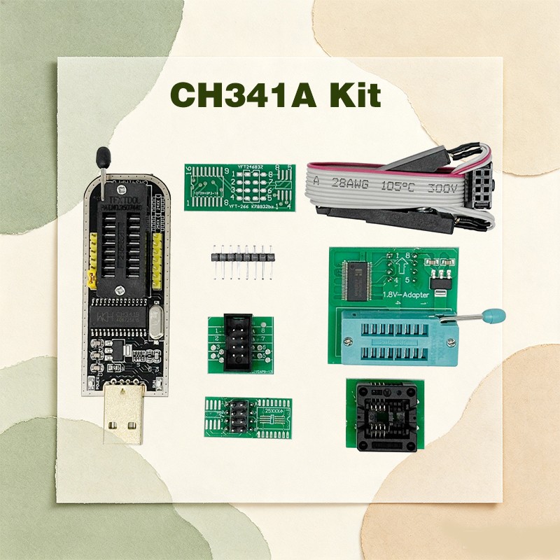 CH341A USB Programmer Set w/SOIC8 Clip & 1.8V Adapter for 24/25 Series Flash