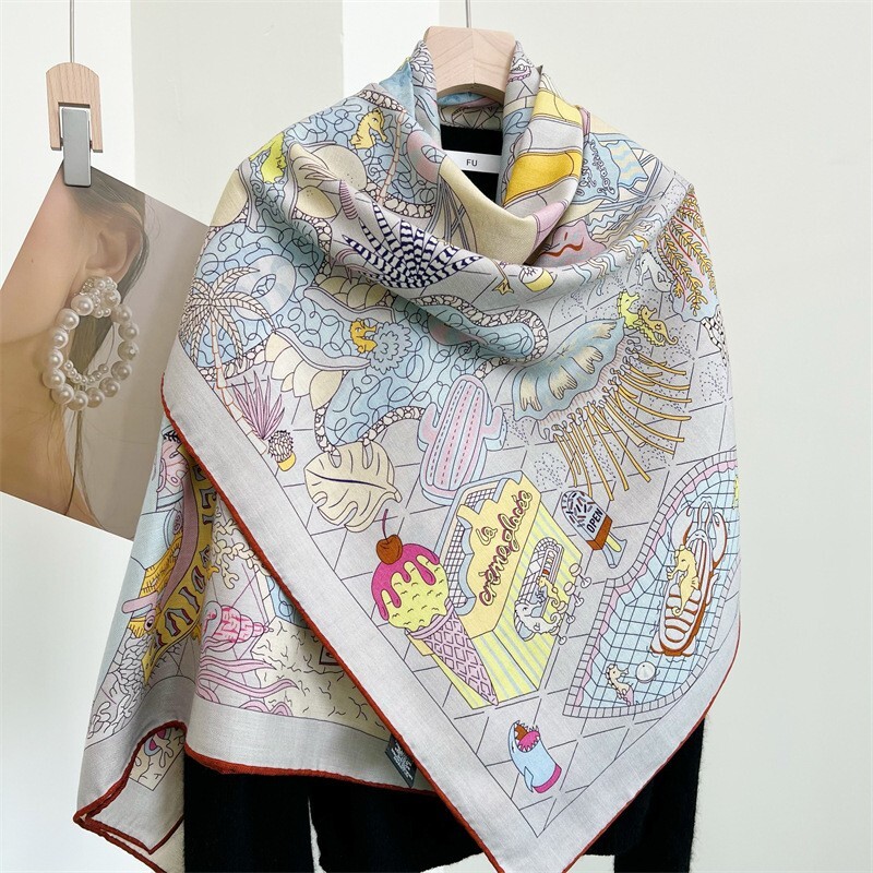 Water Park Print 75% Cashmere & 25% Silk Wrap Scarf Double Face Shawl 53"/135cm