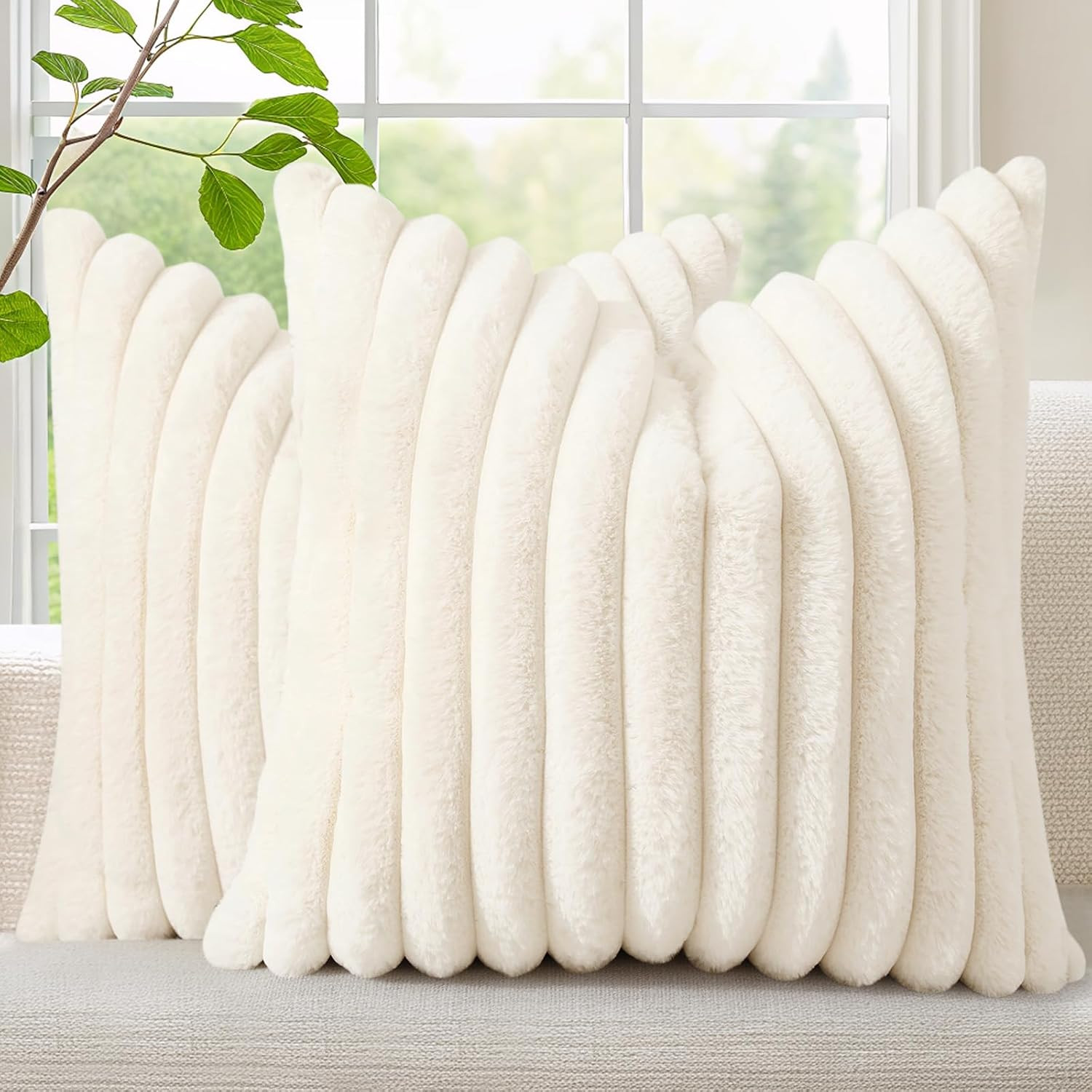 Summer Cozy Faux Fur Throw Pillow Covers 18X18 Set of 2 Decorative Soft Plush