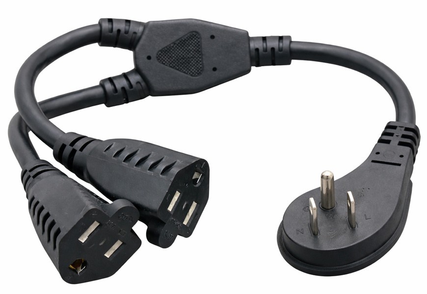 1 In 2 Out NEMA5-15 AC Outlet Power Y Splitter Cord 14" Long│Angled Flat Plug