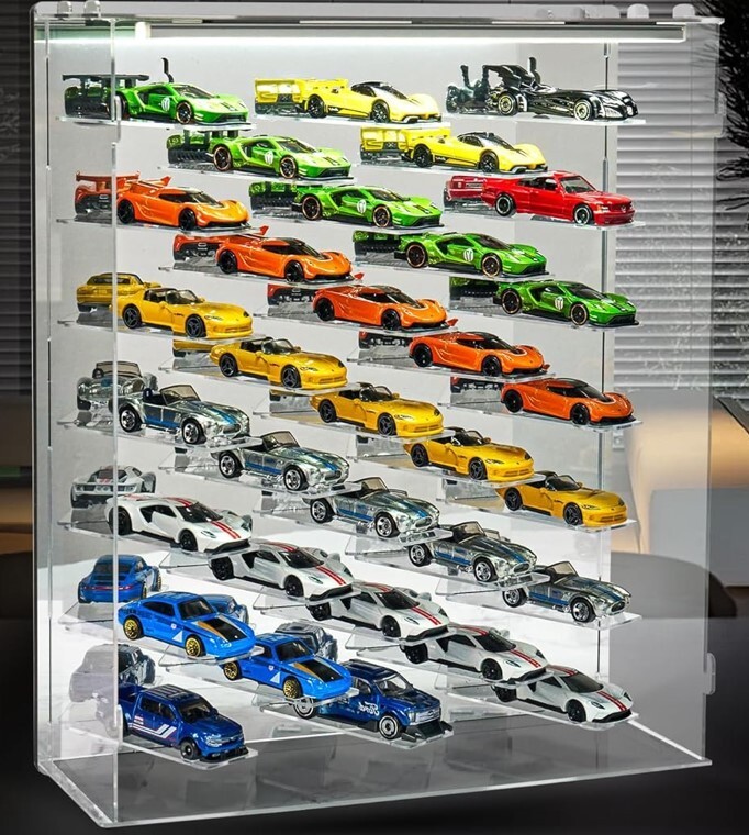 Car Display Case 33 Pc Acrylic LED Light Mirrored Wheels Model 1/64 Diecast Rack