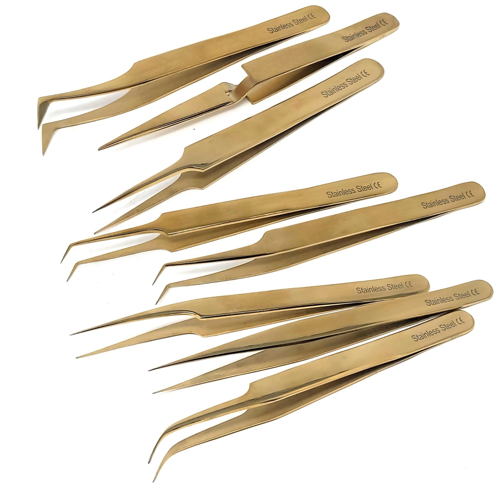 Eyelash Extension Straight or Curved or Volume Stainless Steel Gold Tweezers