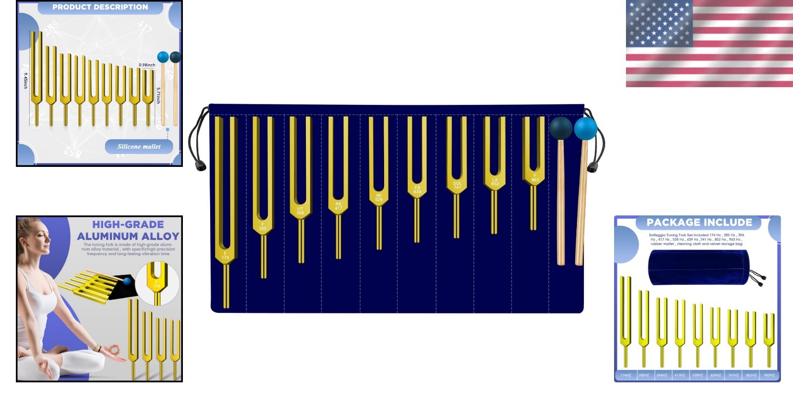 🌈 Solfeggio 9 Weighted (Golden) – Professional Tuning Fork Set