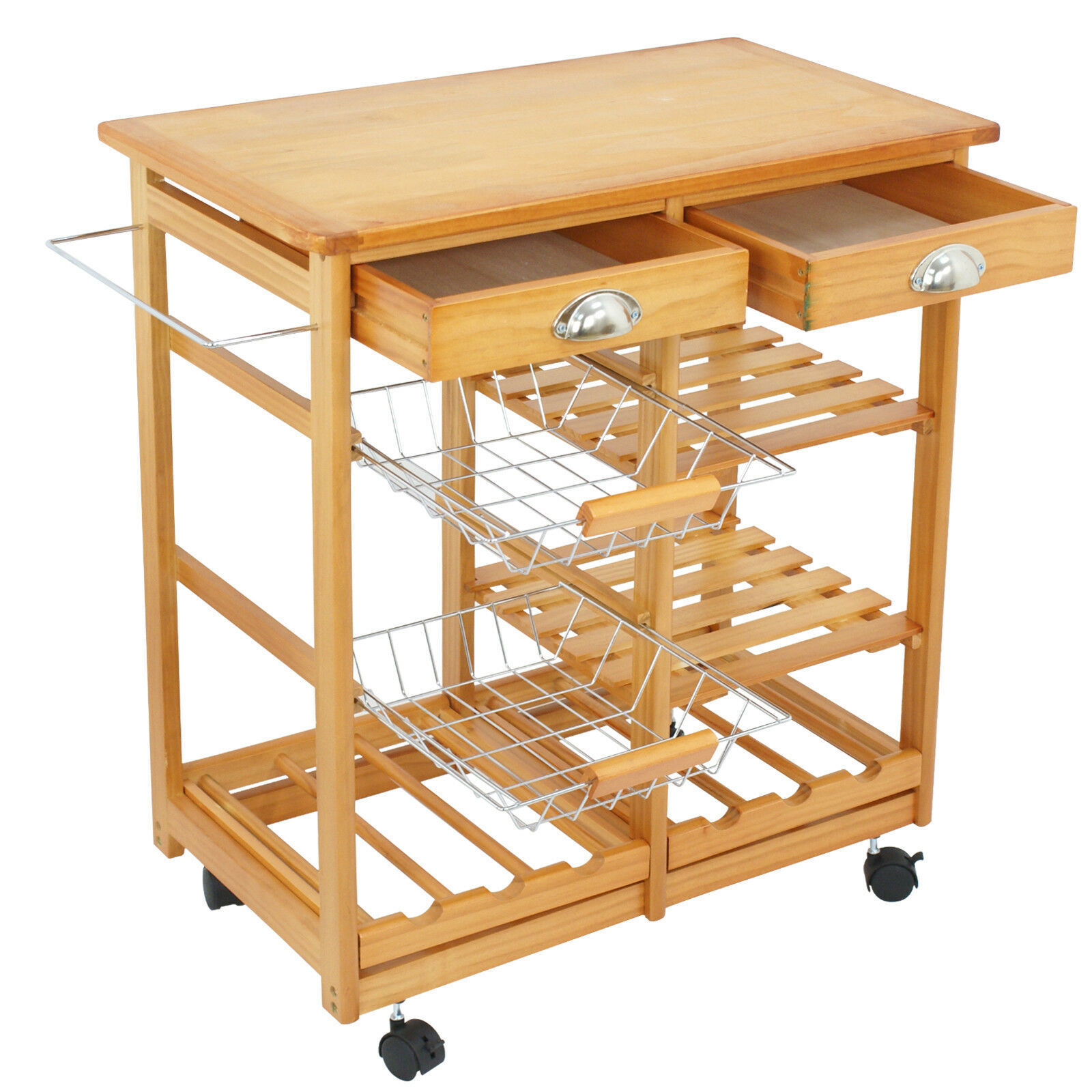 Durable Bamboo Rolling Kitchen Storage Cart Trolley wi/ Storage Drawers Baskets