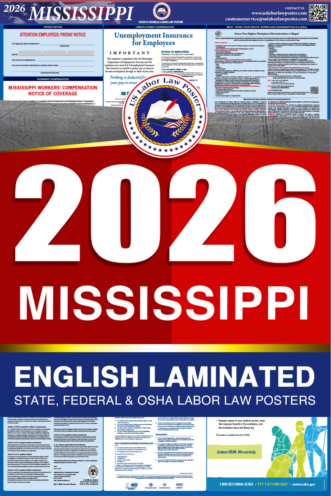 2026 Mississippi MS LABOR LAW POSTER (Federal & State) English Laminated