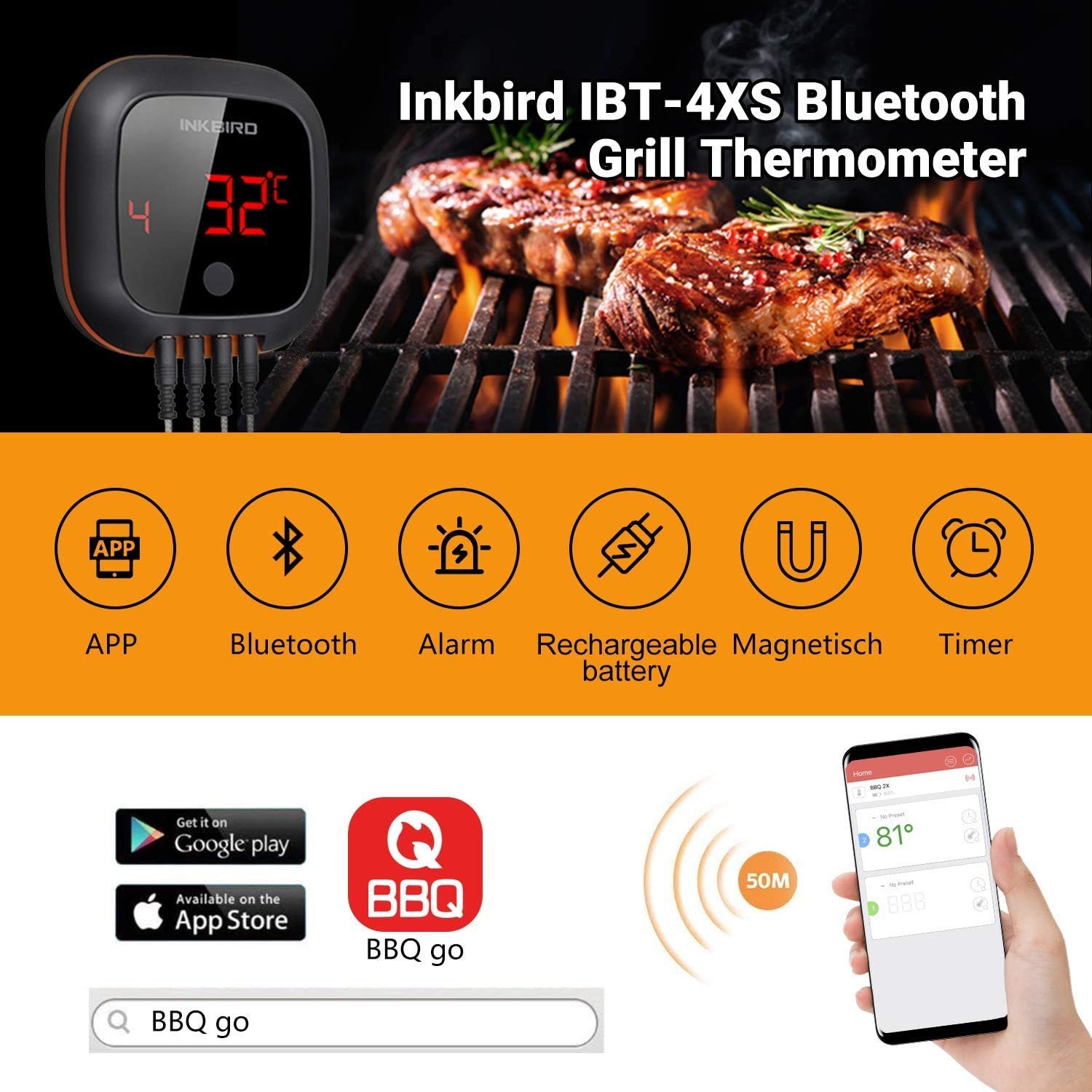 Inkbird Digital Thermometer Bluetooth Meat Smoker Thermometer Probe BBQ Wireless