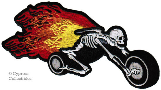 FLAMING SKELETON MOTORCYCLE PATCH - FIRE SKULL IRON-ON EMBROIDERED CHOPPER BIKER