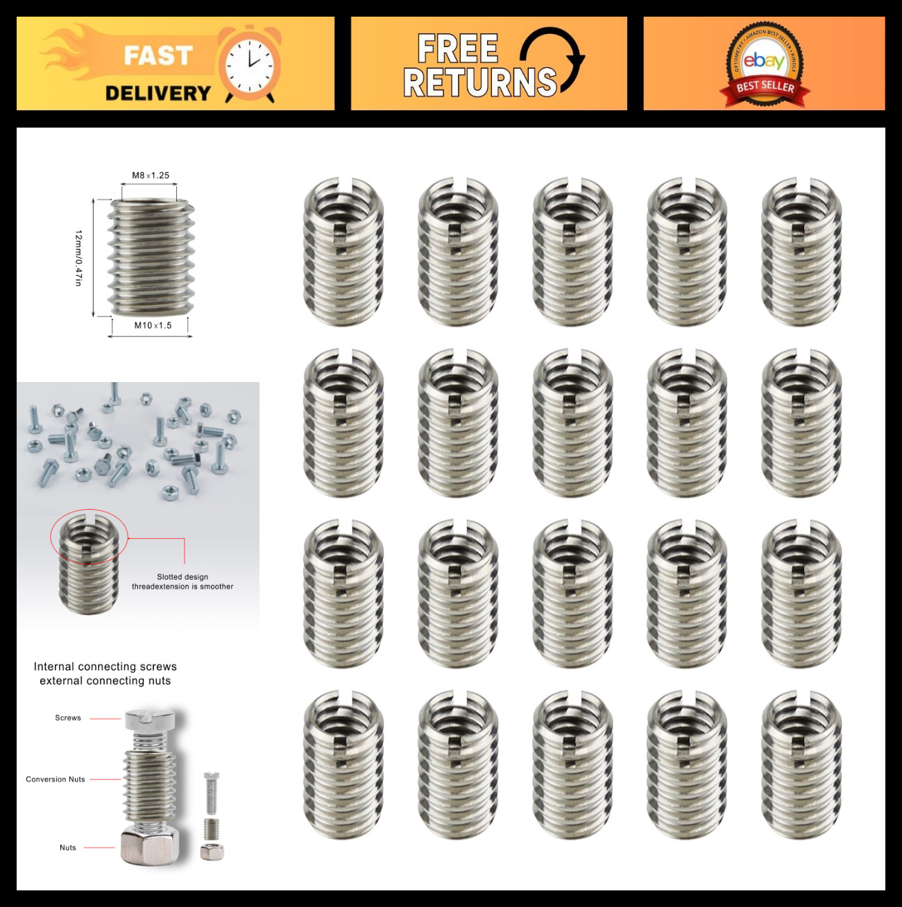 20PCS Stainless Steel Threaded Insert Nuts M8 M10 Reducer Adapter Fasteners 12mm