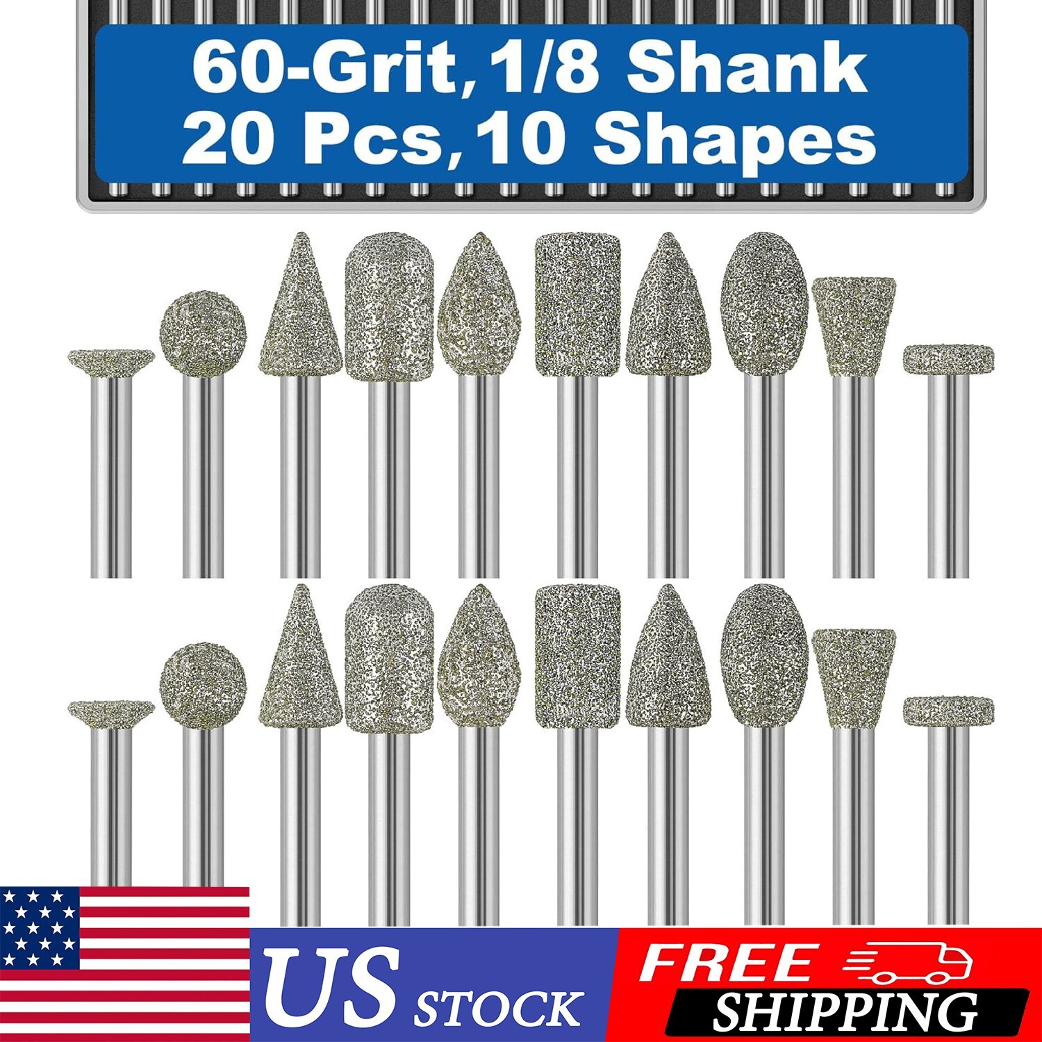20pcs Diamond Burr Bits Set 1/8 Shank Rotary Tool Accessories Carving Glass Ston