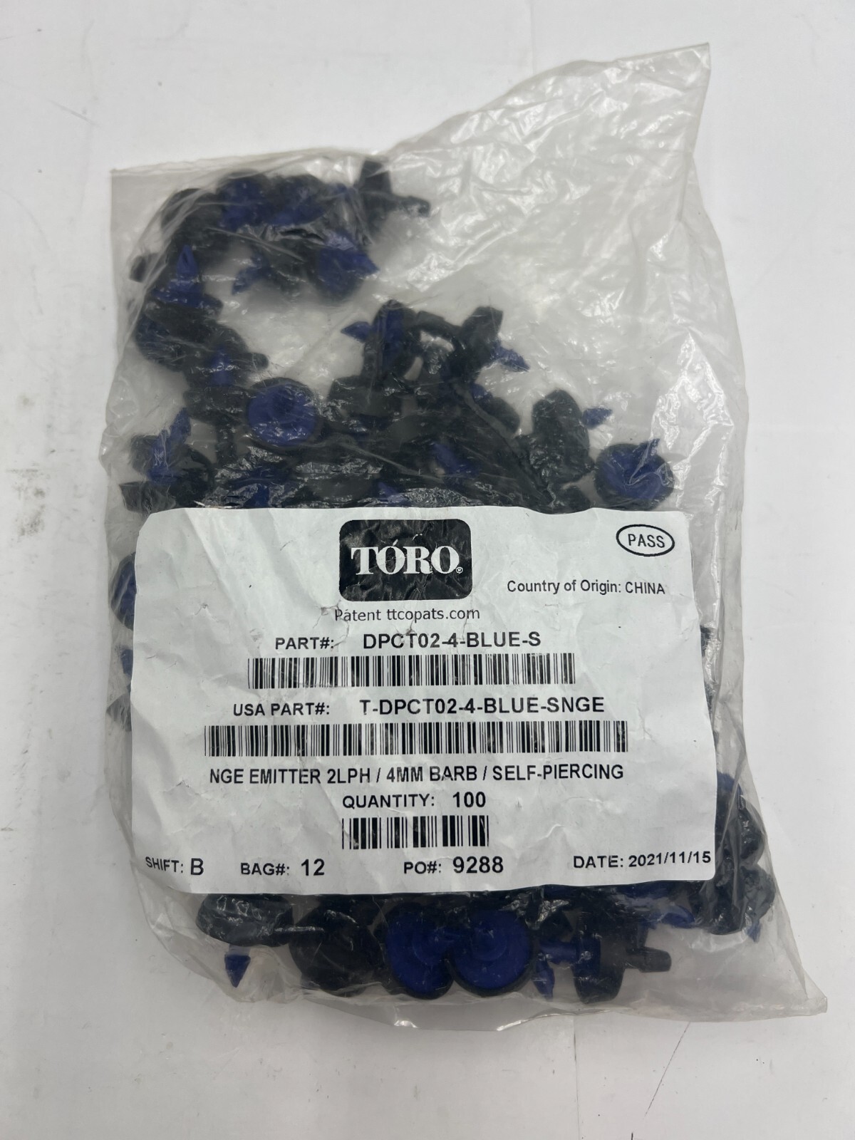 (2 Packs of 100) Toro DPCT02-4-BLUE-S NGE Emitter 2LPH 4mm Barb Self-Piercing