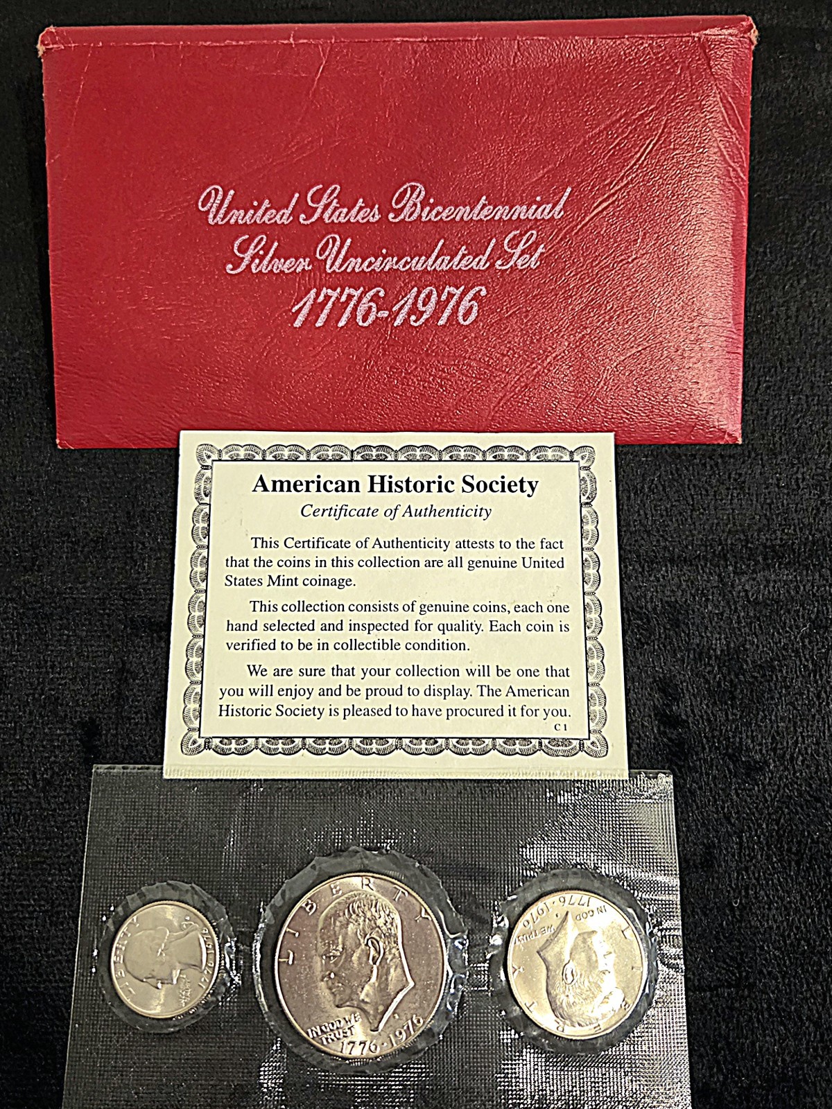 1776-1976 S U.S. Bicentennial Silver Uncirculated Set 3 Coins Original Pkg & COA