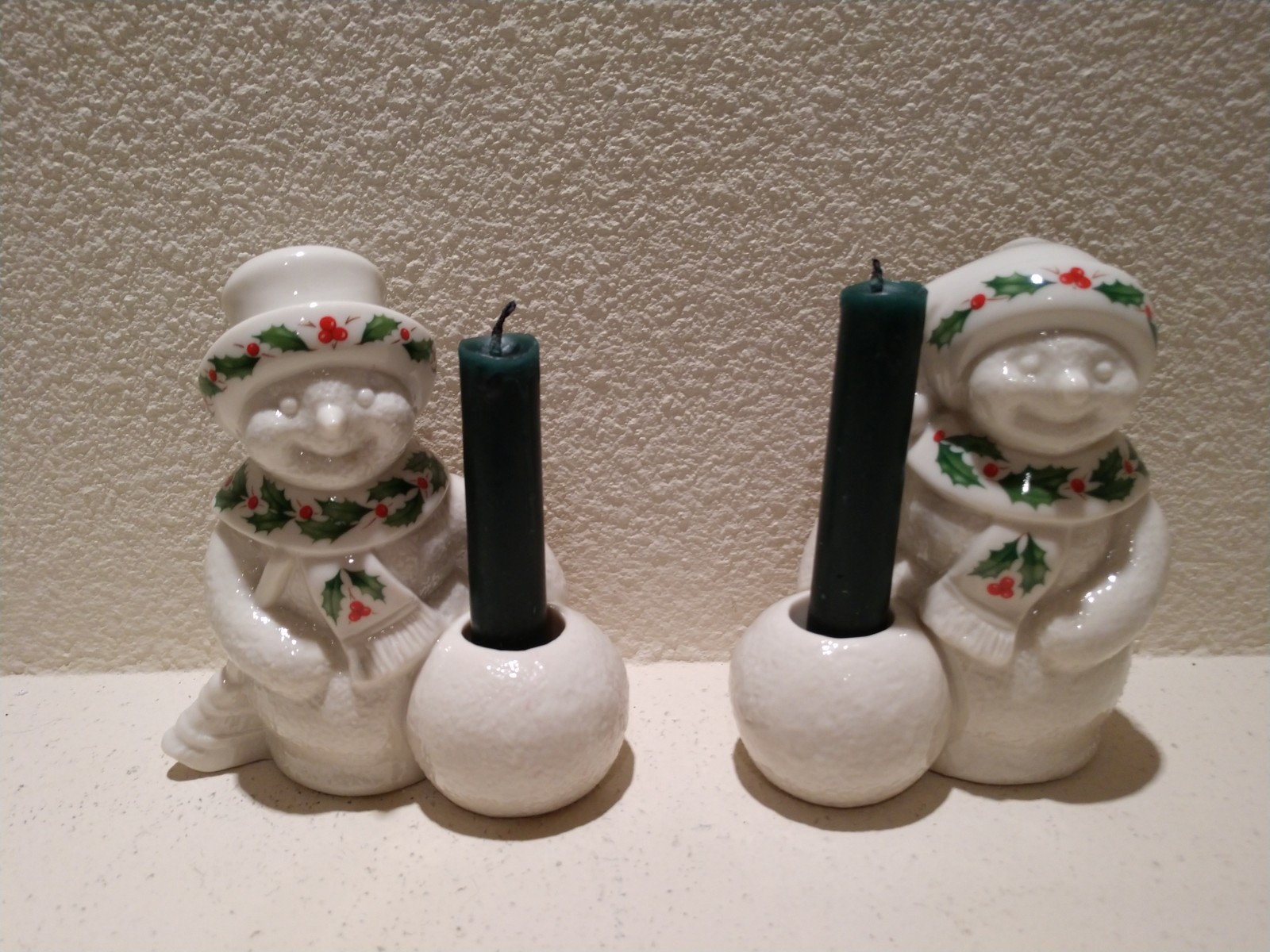 Lenox Holiday White w Green Holly Christmas Snowman & Snowwoman Candle Holders
