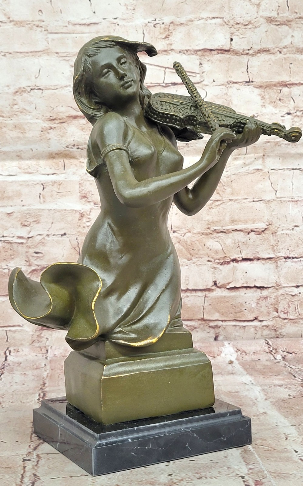 Bronze Musician Girl Playing Violin Signed Patoue Figurine Decor Collectible