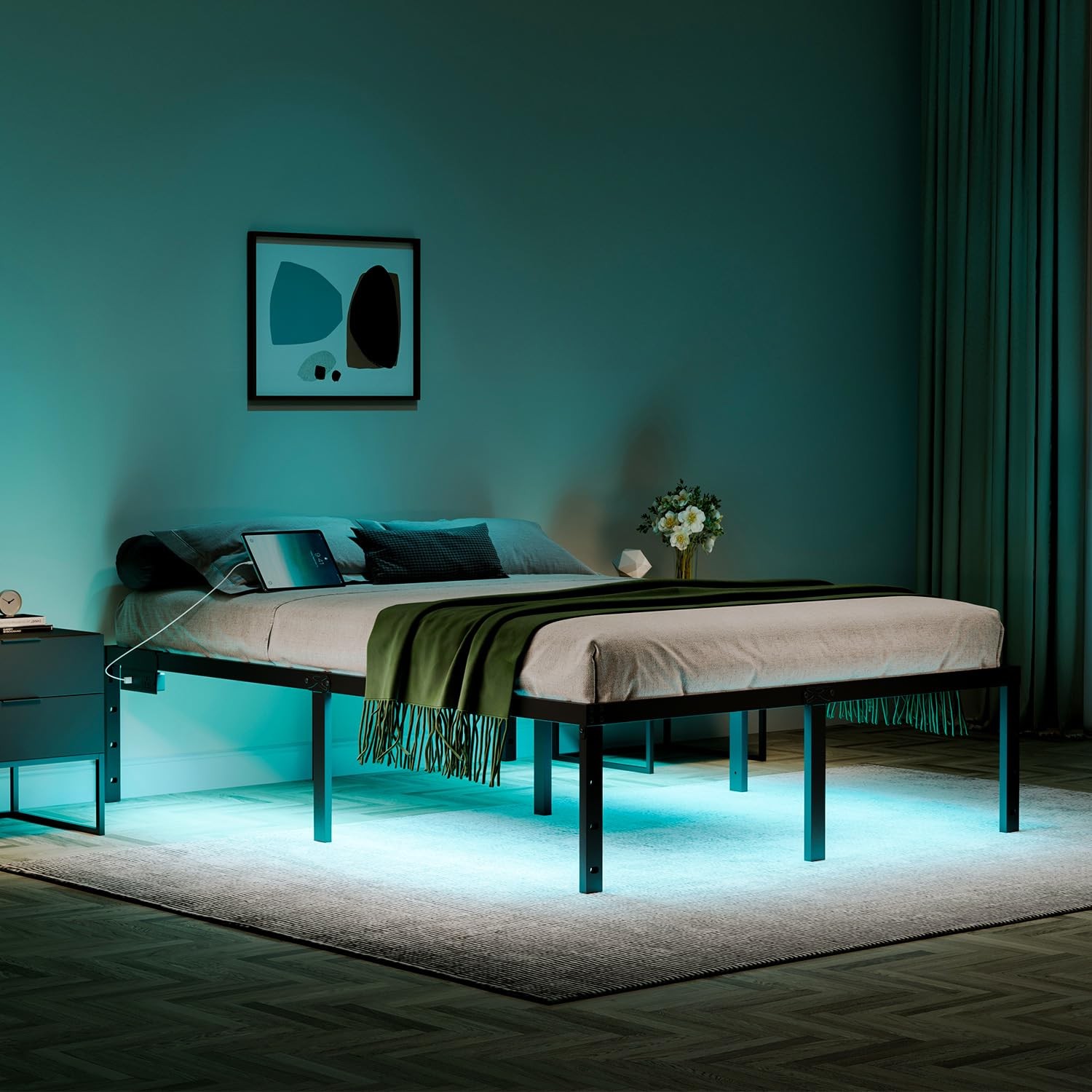 Full Bed Frame with LED Lights & Charging Station - 18 Inch Heavy Duty Metal ...