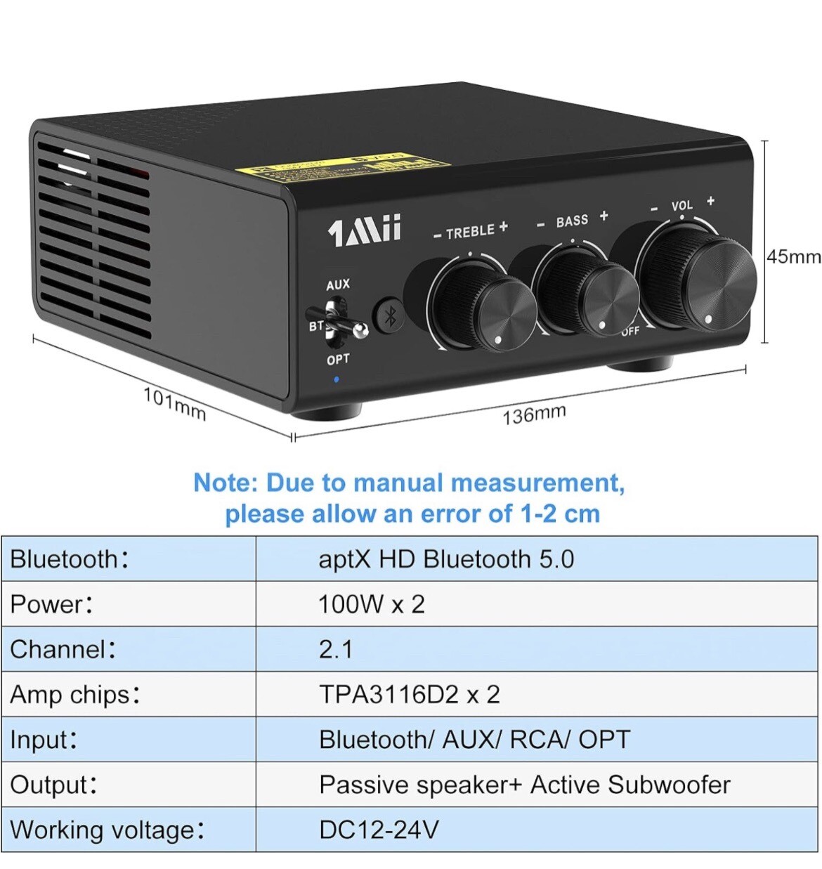 1Mii Bluetooth Digital Amplifier, Bluetooth 5.0 Stereo Audio Amplifier Receiver