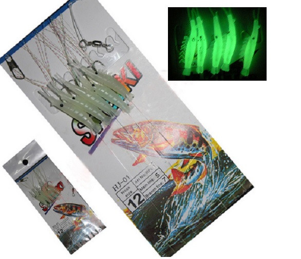 1 Pack Sabiki 5 Shrimp Rigs Glow in the dark Baits Fishing Lures Catch Sz12 Hook