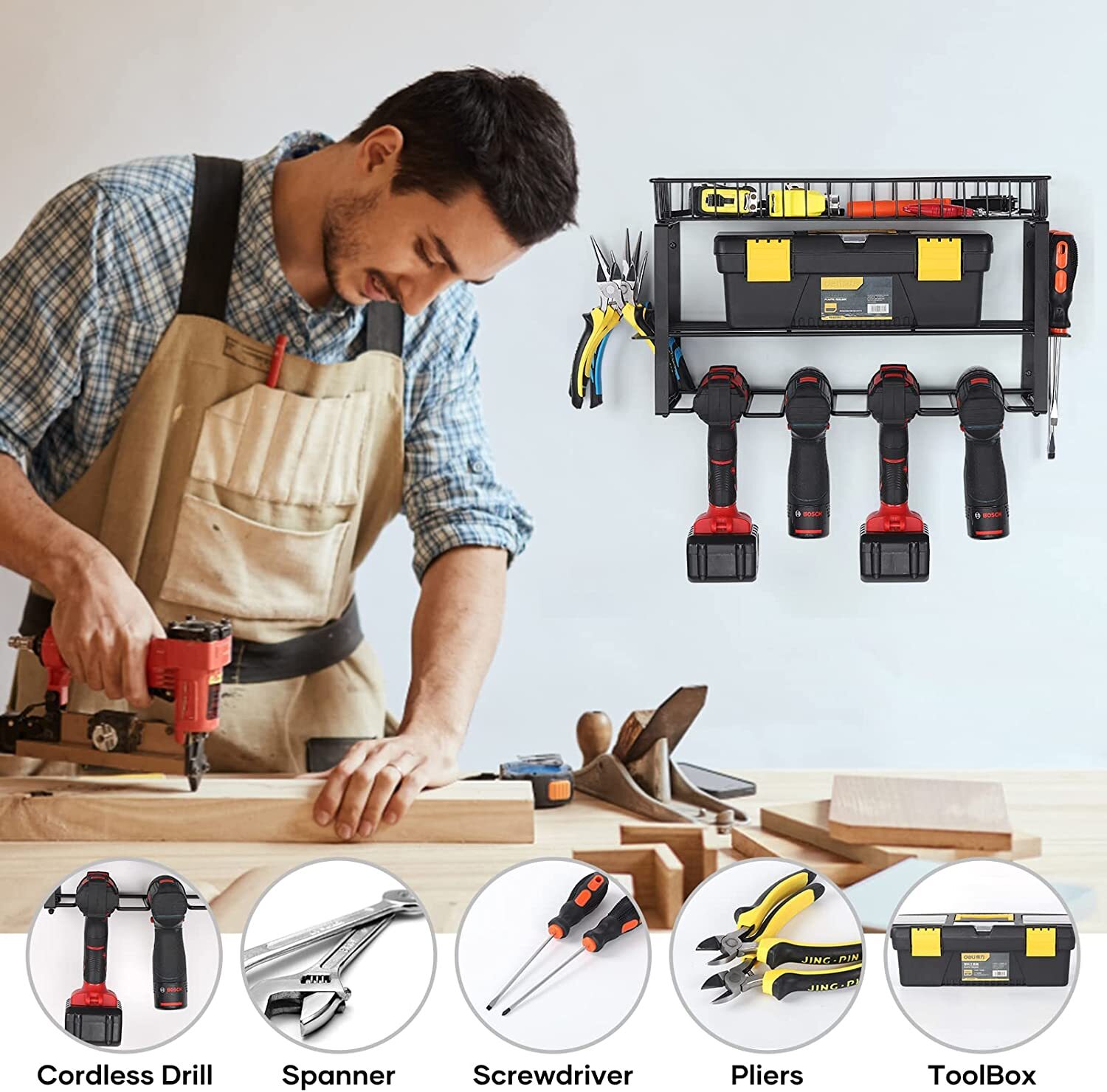 Power Tool Storage Organizer Rack w/Basket Heavy Duty Floating Tool Shelf Garage