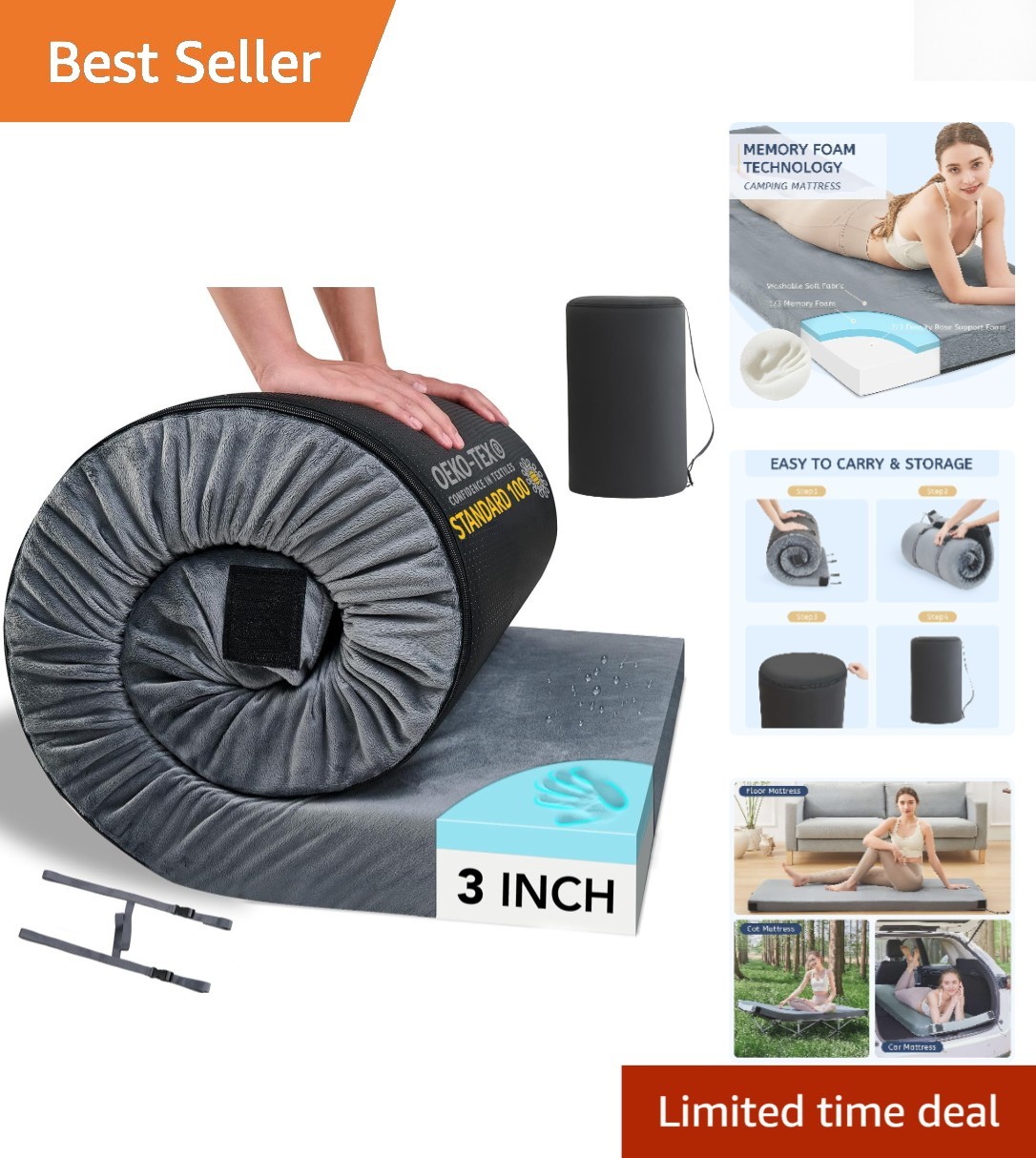 CertiPUR- Memory Foam Camping Mattress Pad Portable Roll Up Mattress for Adul...