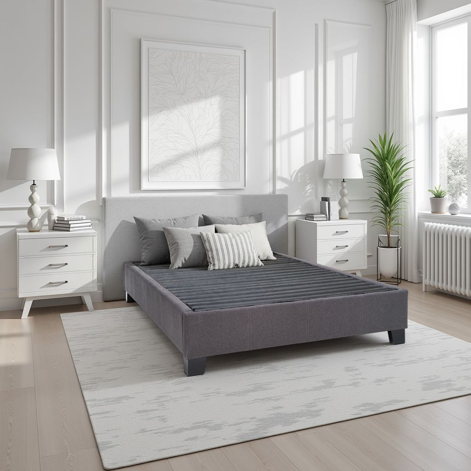 Modern Contempo King Upholstered Bed Platform Base, Charcoal Grey