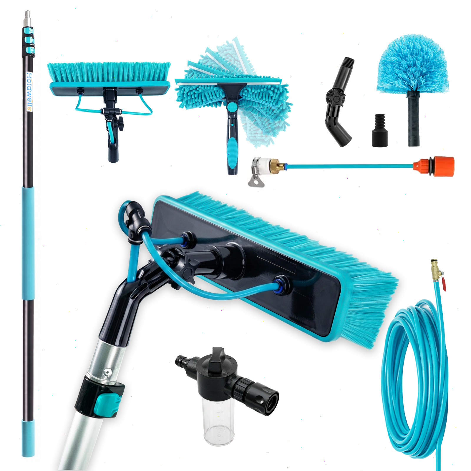 12FT Water Fed Pole Cleaning Kit with Extendable Pole, 180° Rotatable Head