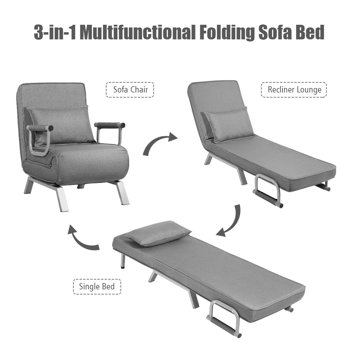 5 Position Convertible Sofa Chair Folding Sleeper Bed w/ Pillow Gray