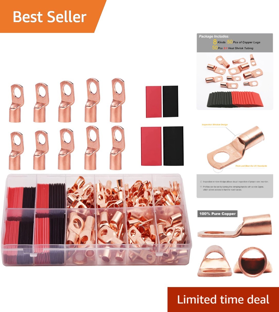 AWG Copper Wire Lugs Pack - 100 Connectors & 50 Heat Shrink for Electrical Needs