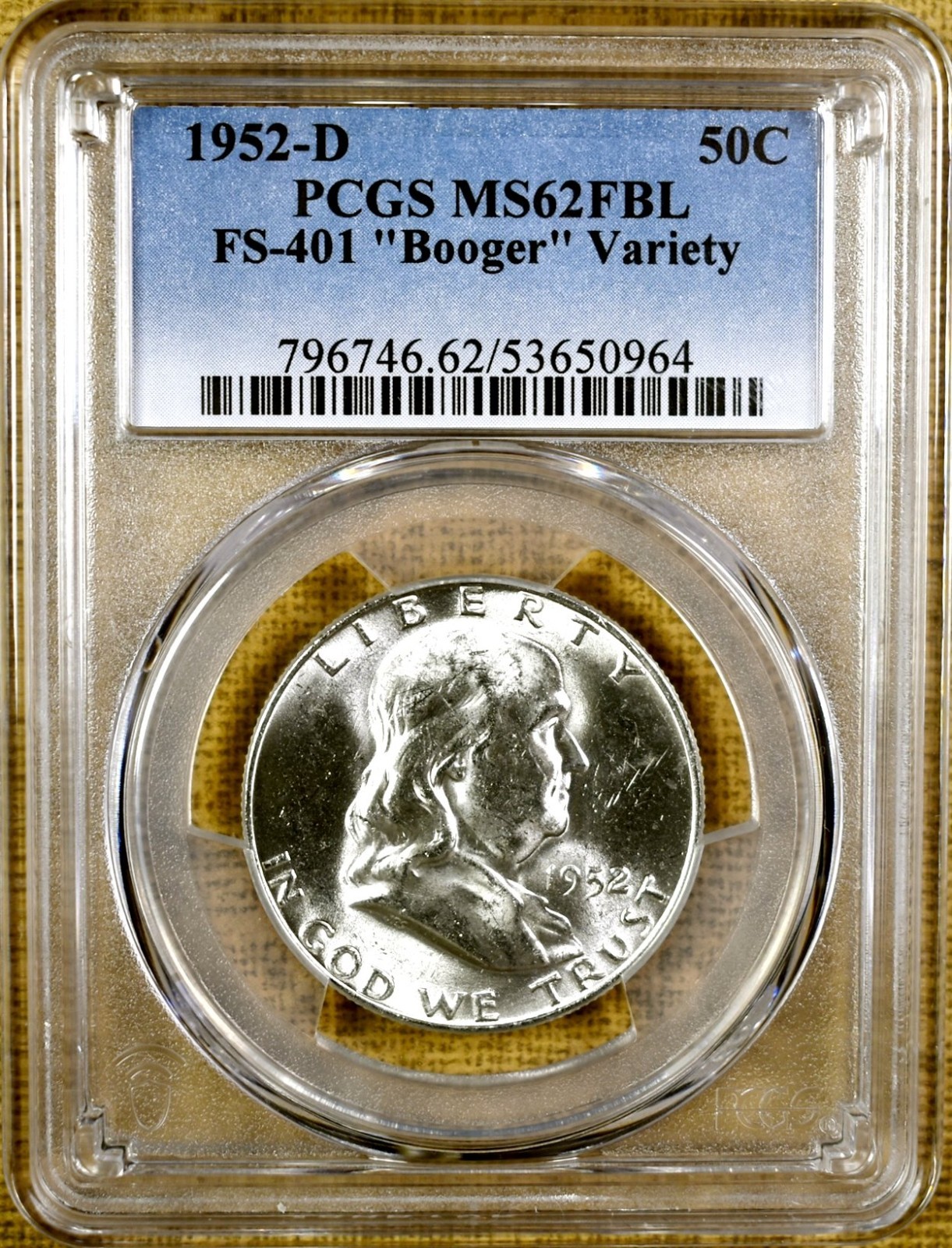 1952-D PCGS MS62 FBL FS-401 "Booger" Franklin Half Dollar - 100% White (964)