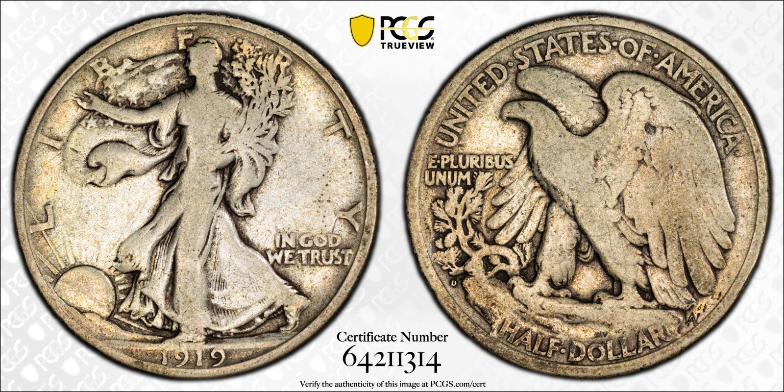 1919 D Walking LIberty Half Dollar   PCGS VG 8   Wholesome Original Tough Date