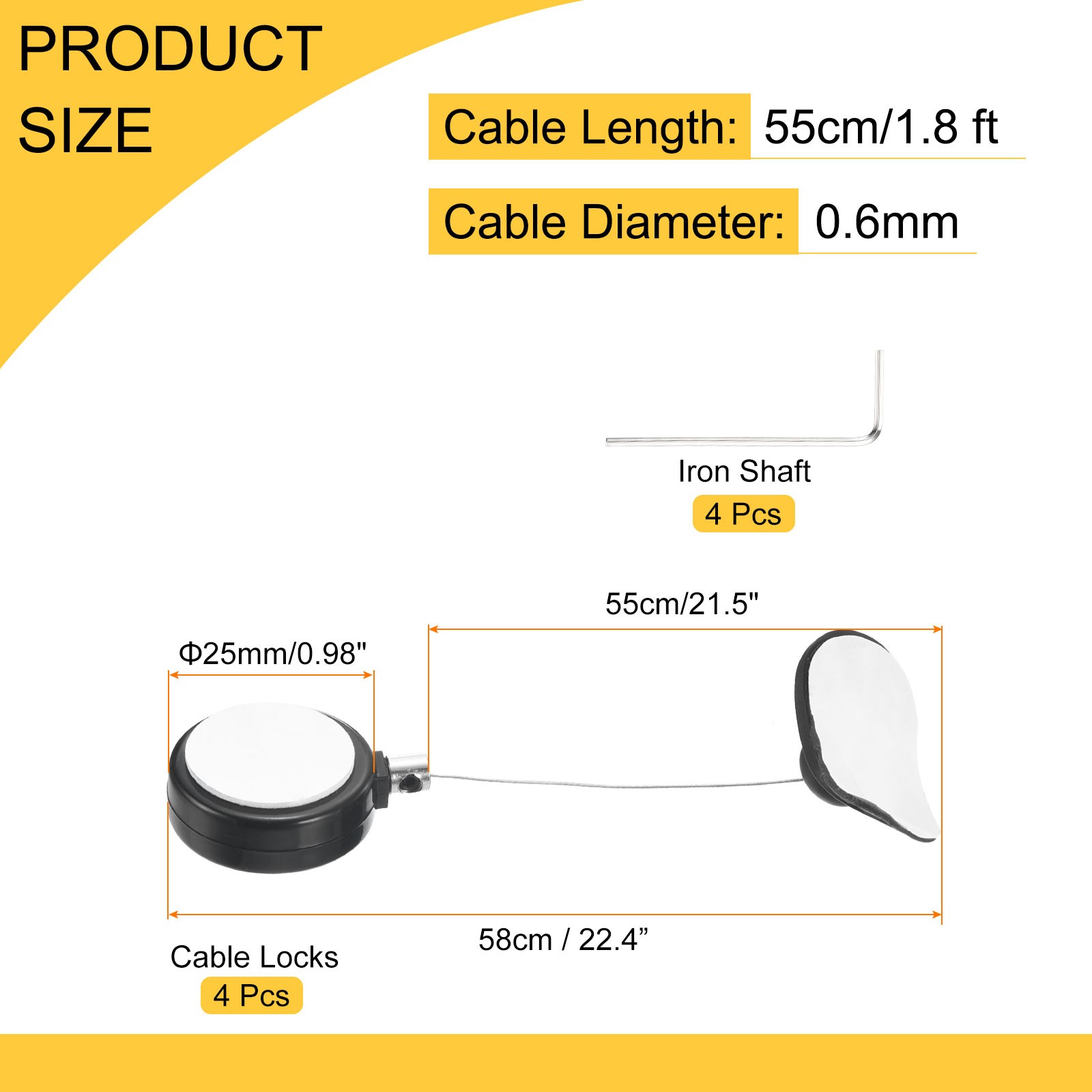 1.8ft Retractable Cable Security Lock with Arc Patch Wrench, Black, 4 Pack