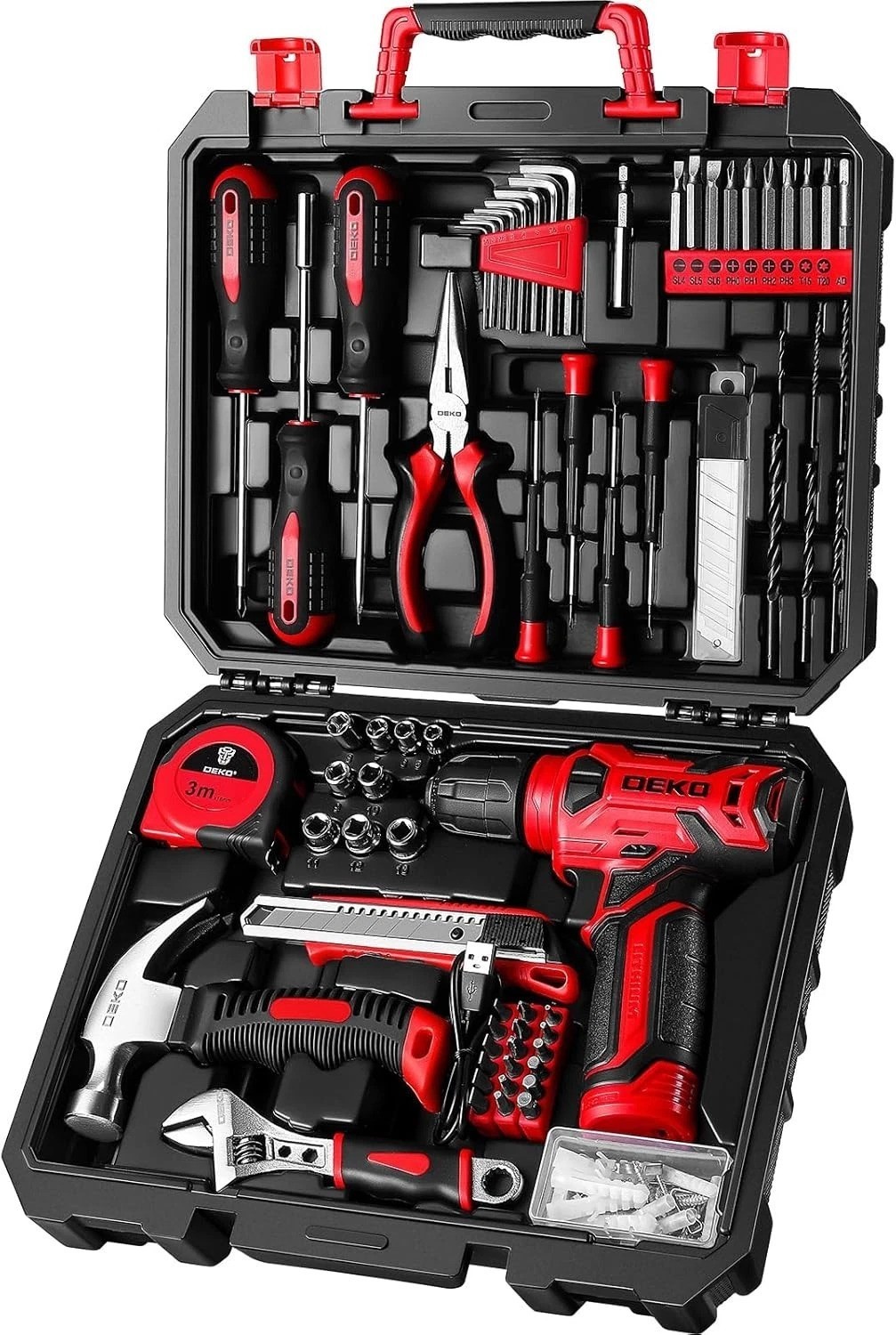 Drill Set: Tool Set with 8V Red Cordless Drill, Home Tool Kit with Drill, Han...