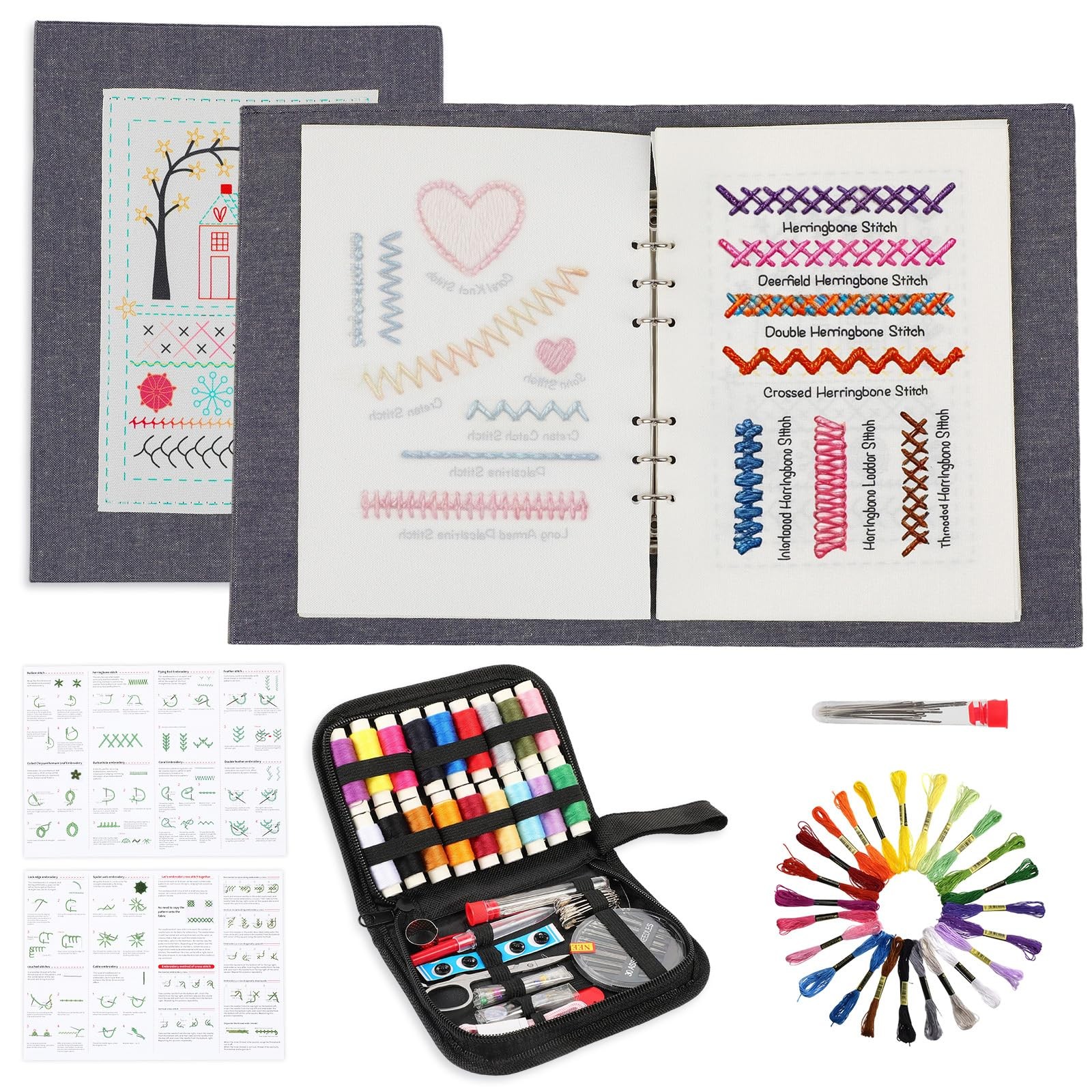 Embroidery Stitch Book Kit 106 Patterns w/ Tools Tutorial Beginner Sewing DIY
