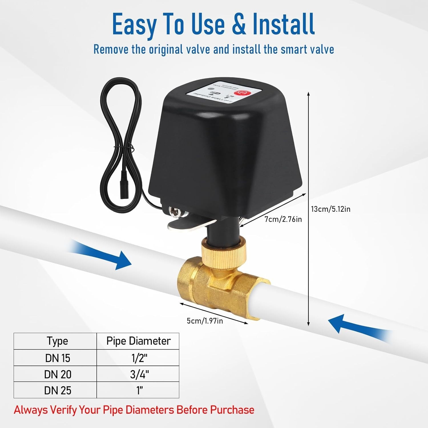 Smart 1/2" Wifi Shutoff Water Ball Valve, Smart App Control, 4 Timer Modes, Supp
