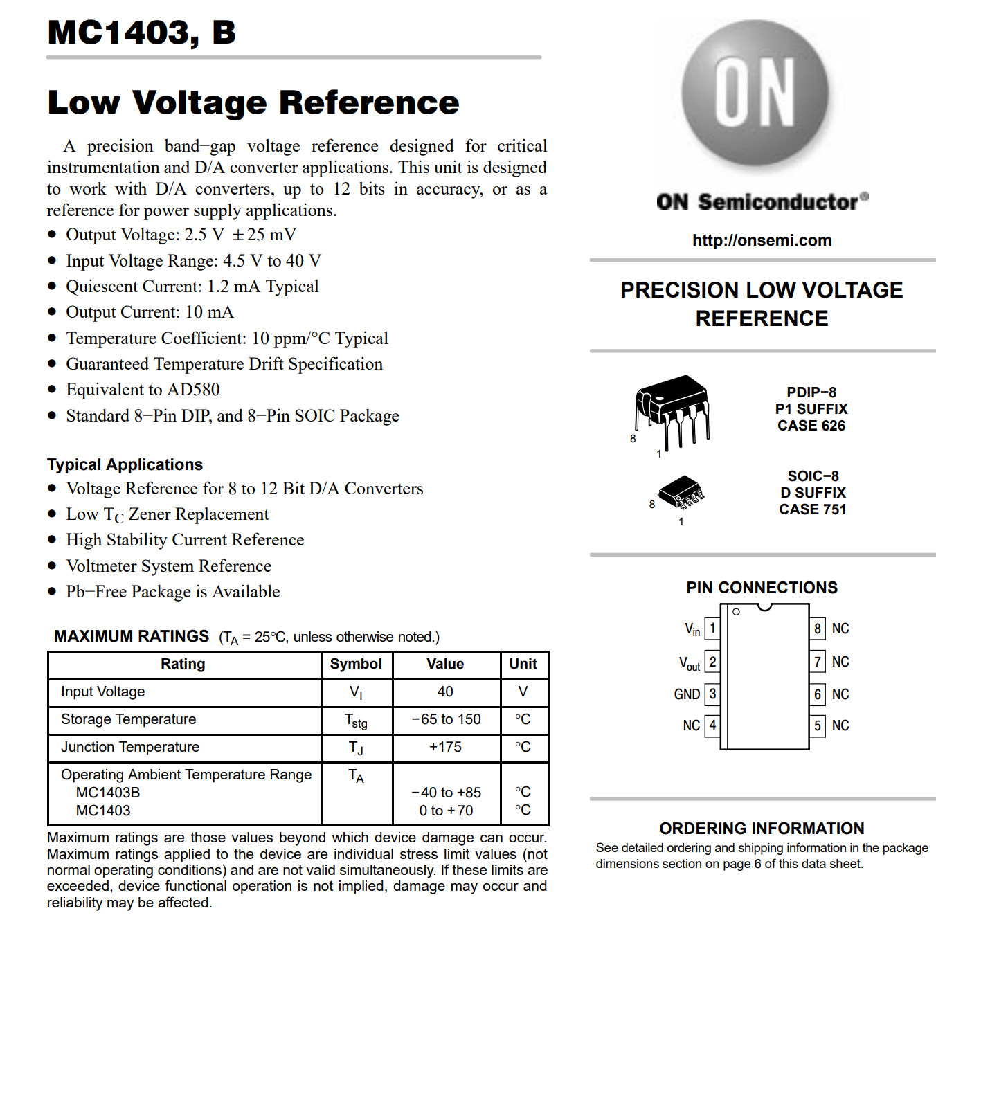 2PCS MC1403P1 ONSEMI 2.5V Precision Voltage Reference IC 10mA DIP-8