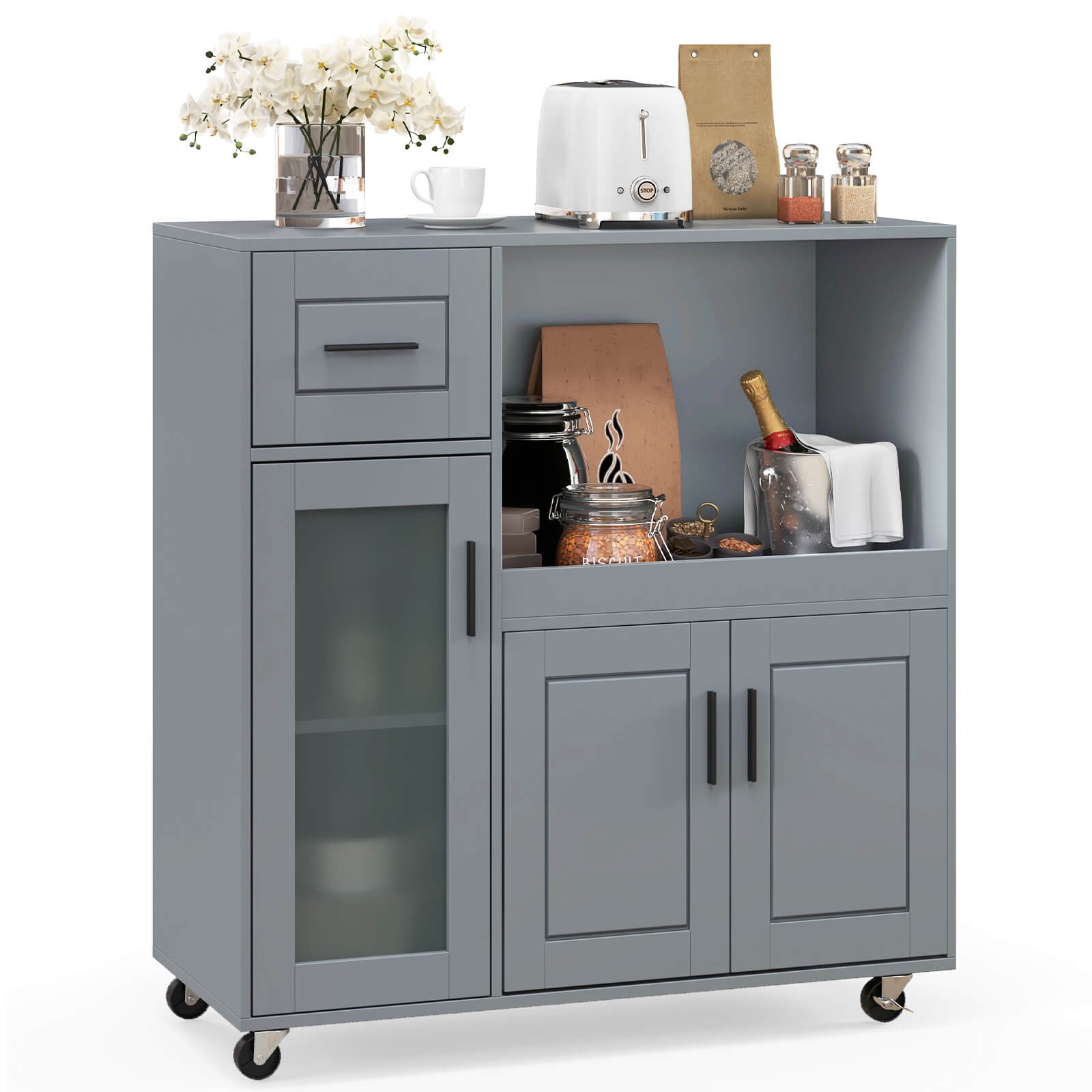 Kitchen Island Cart on Wheels Microwave Cabinet with Frosted Tempered Glass Door