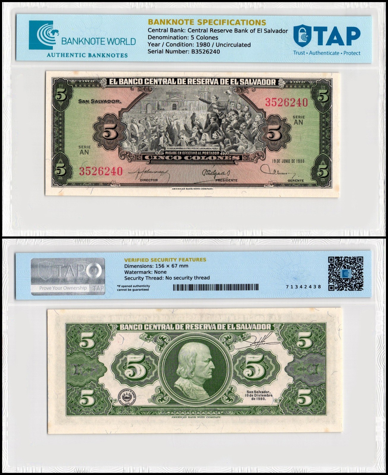 El Salvador 5 Colones, 1980, P-132Aa, UNC, TAP Authenticated