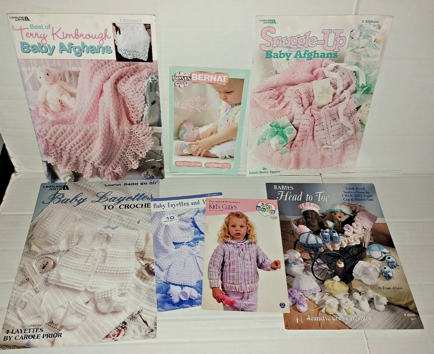 Lot 7 Baby Crochet pattern booklets Layettes Afghans gifts kids cuties+