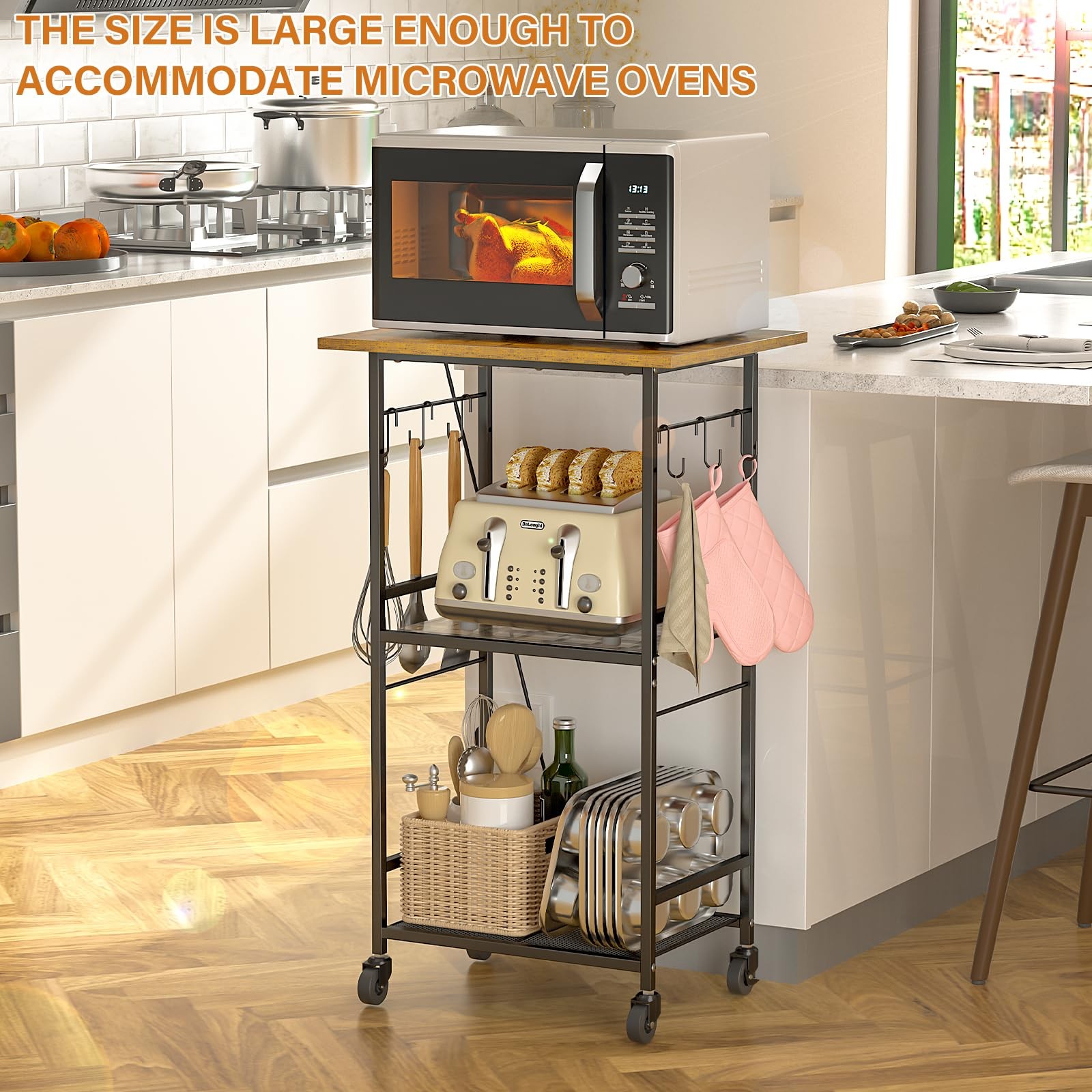 Rolling Kitchen Microwave Cart, 3 Tier Microwave Table Stand with Adjustable ...