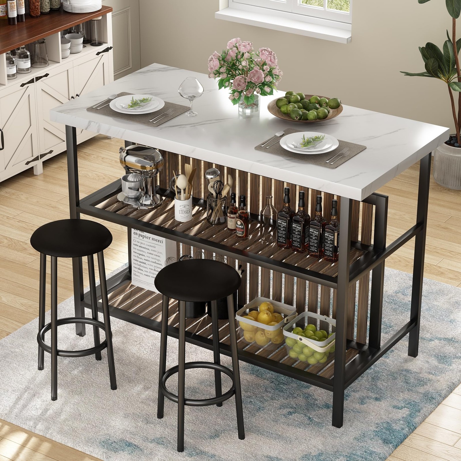 Recaceik 3 Piece Pub Set, Rectangular 2 Bar Stools, Faux 47â€ x 23.6â€, White