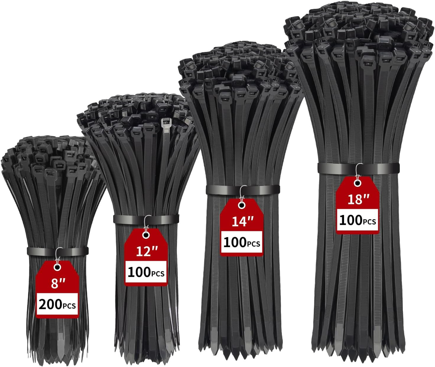 500 Pack Black Zip Ties Heavy Duty Assorted Sizes, 8+12+14+18 Inch Cable Ties, 2