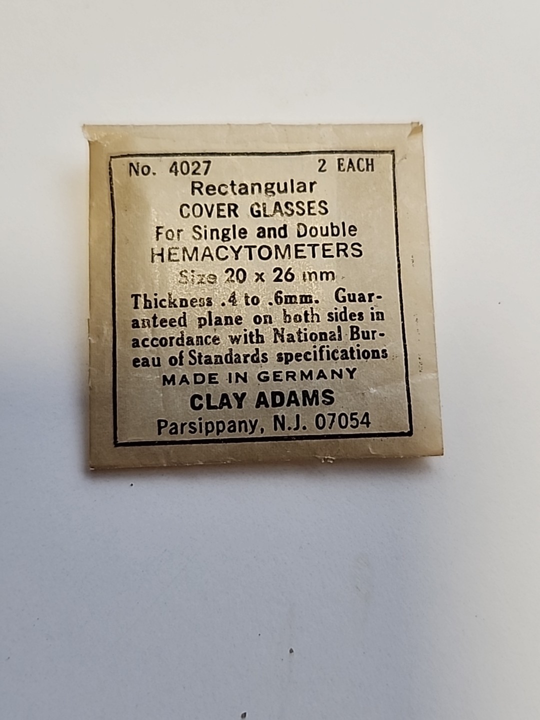 Vtg Clay-Adams 4027 2 Slide Cover Glasses Rectangular For Hemacytometers