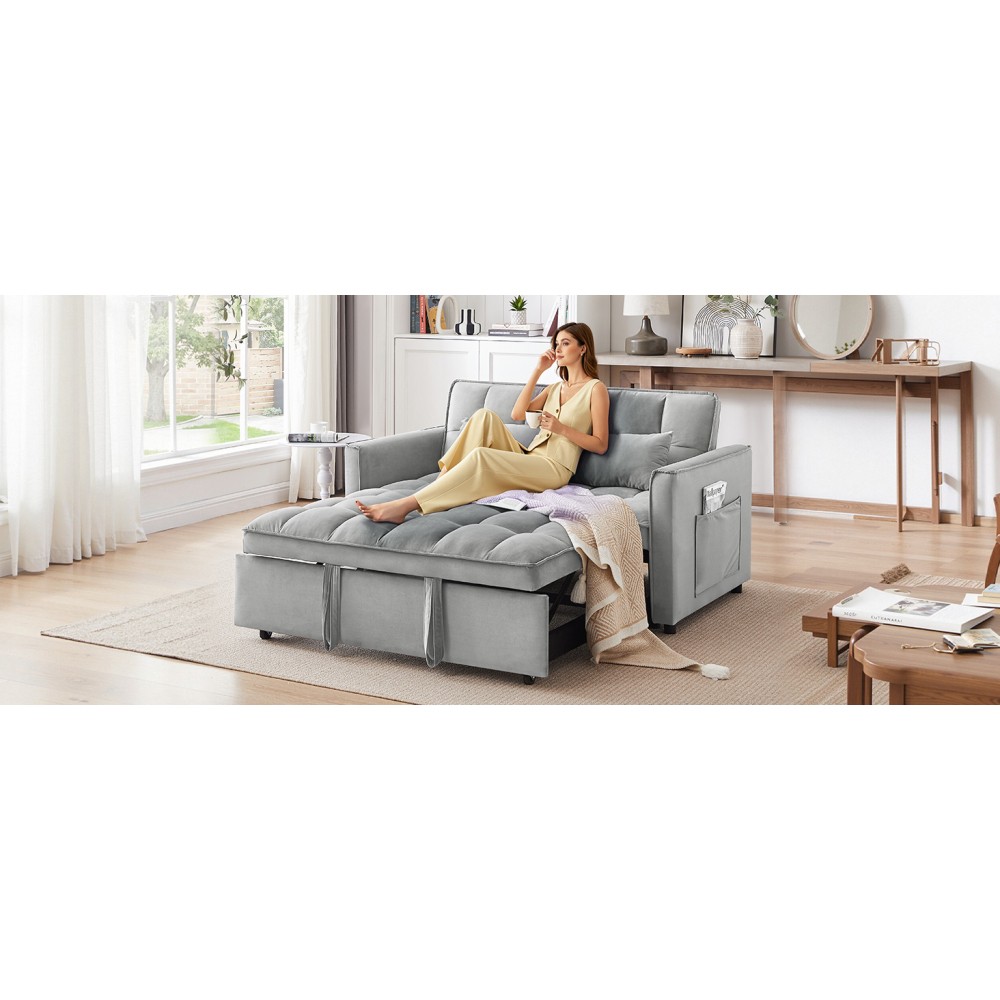Velvet Convertible Sofa Bed 3-in-1 w/ Adjustable Back & Storage, Light Gray