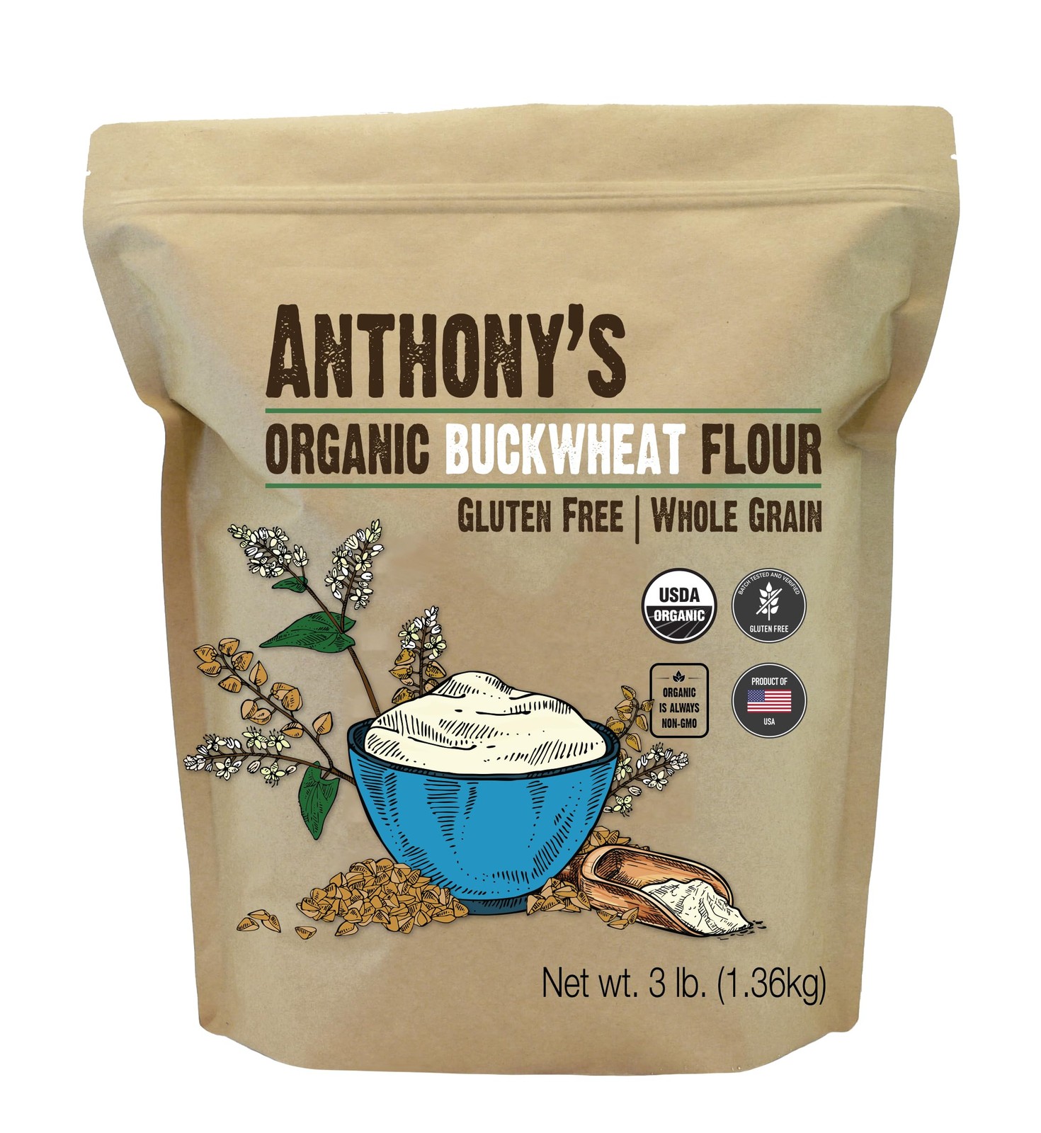 Anthony's Organic Buckwheat Flour, 3 lb, Grown in the 48 Ounce (Pack of 1)