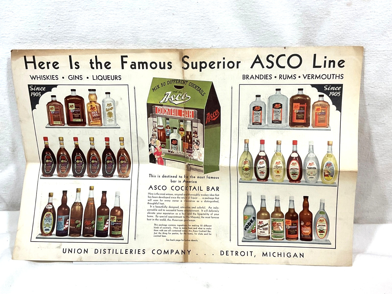 1930s Detroit ASCO LIQUOR DISTILLERIES CO. Promo Poster  11 x 17  PRICES, PHOTOS