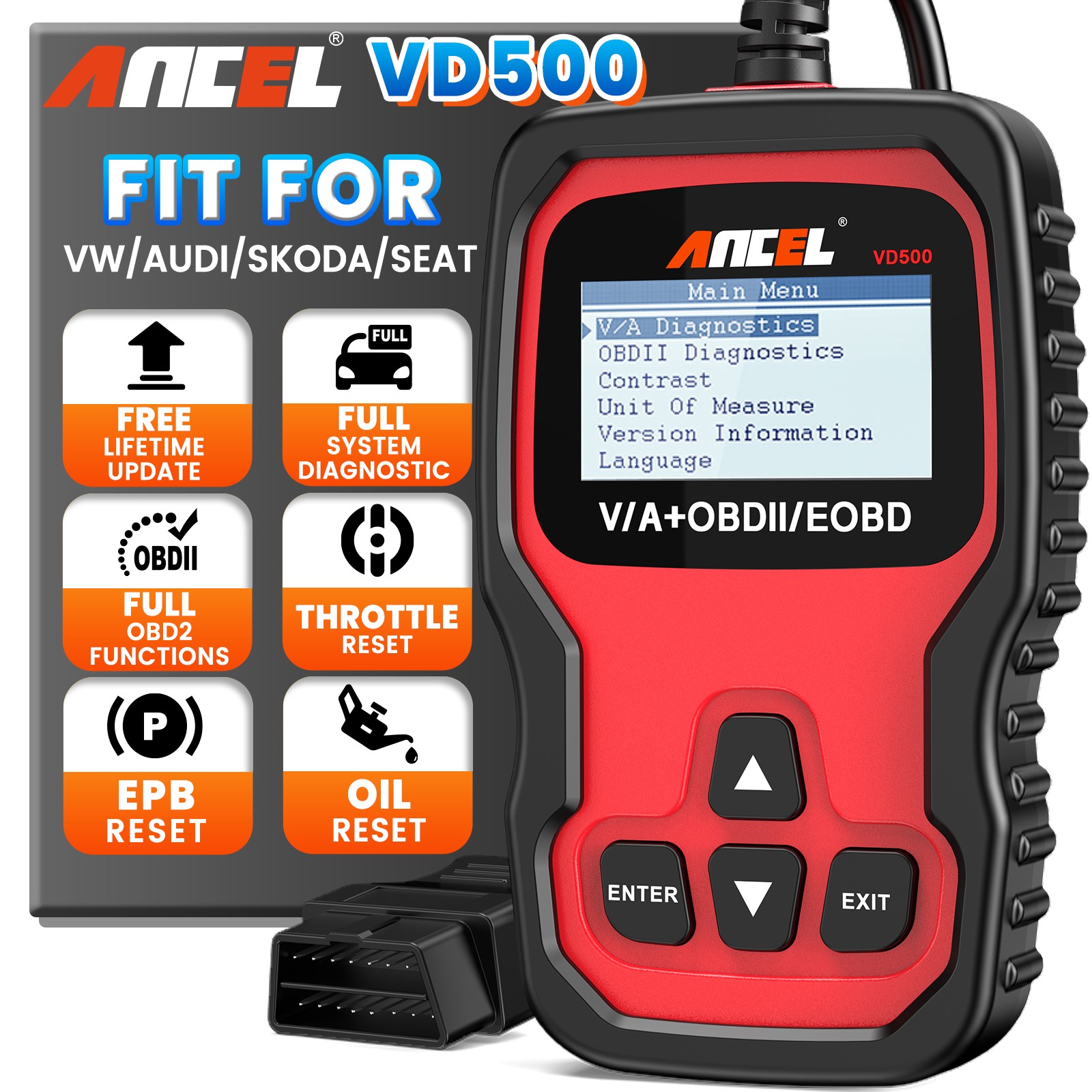 ANCEL VD500-US All System OBD2 Scanner Diagnostics ABS SRS EPB Oil For VW Audi